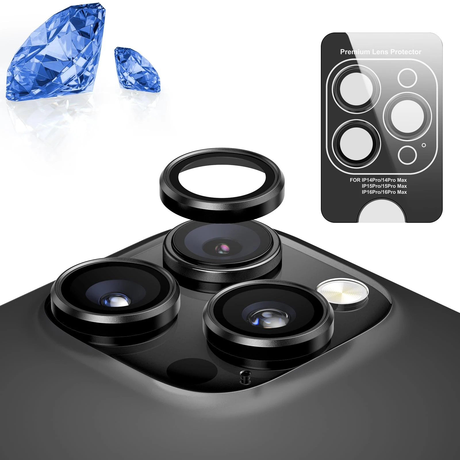 2 Pack Sapphire Glass iPhone 16 Pro/16 Pro Max Camera Lens Protector [Shatterproof & Ultra-Durable] iPhone Camera Lens Protector with 6 Individual Lens Covers, Anti-Scratch, HD Clear - Black