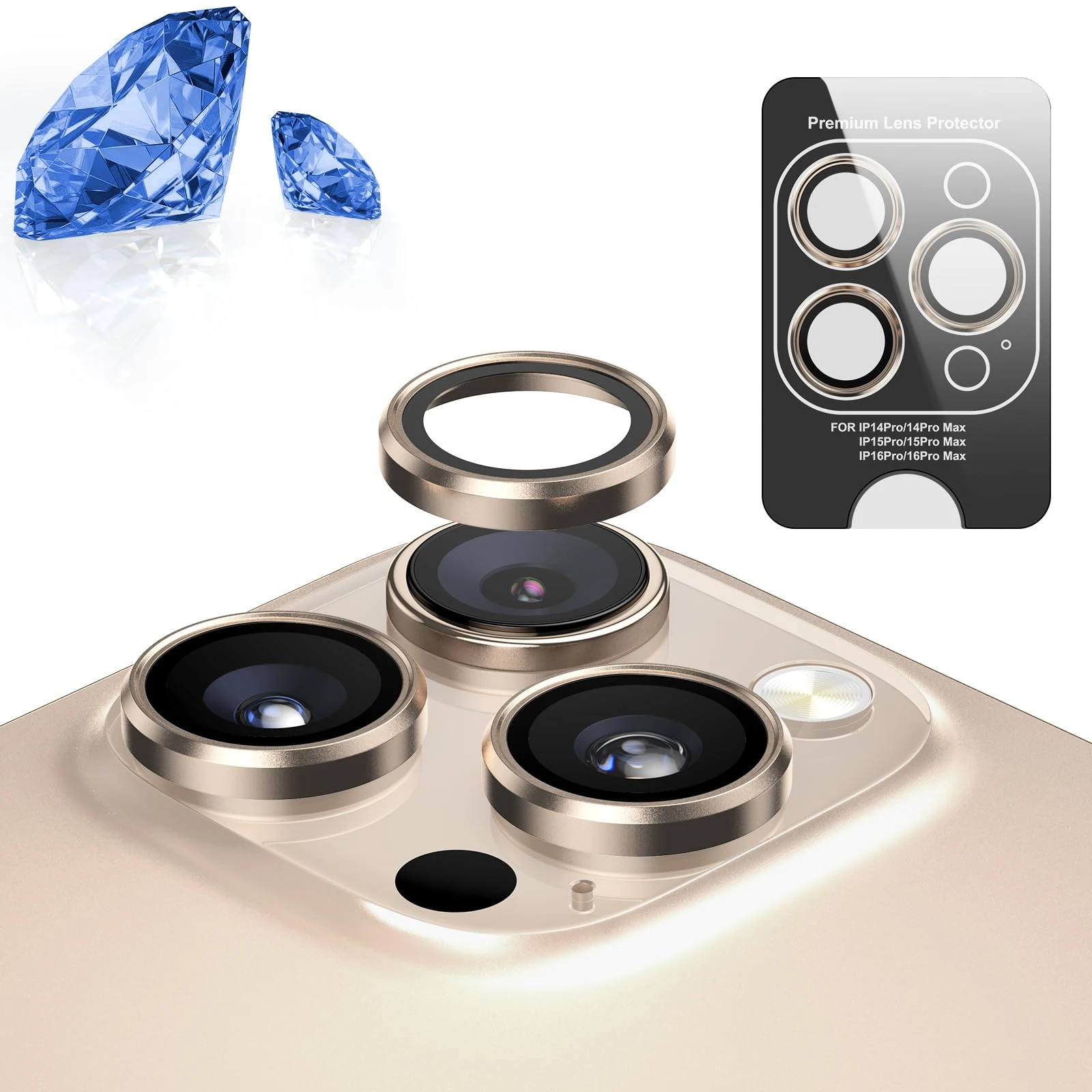 2 Pack Sapphire Glass iPhone 16 Pro Max/16 Pro Camera Lens Protector [Military-Grade 9H+ Shatterproof] iPhone 16 Pro Max Camera Cover with 6 Individual Lens Protectors, Case Friendly, Easy Install - Rose Gold